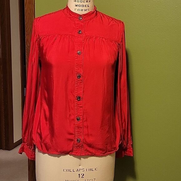 Banana Republic satin long sleeve button down mandarin collar red blouse Sz. XXL - Picture 1 of 5